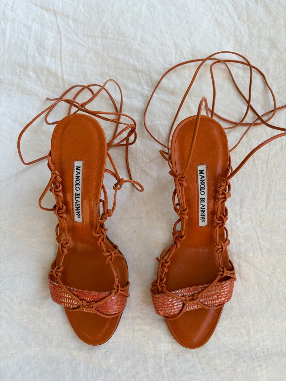 Vintage Manolo Blahnik Strappy Knotted String Wrap Tie Open Toe Heels Orange Tan - Picture 2 of 8